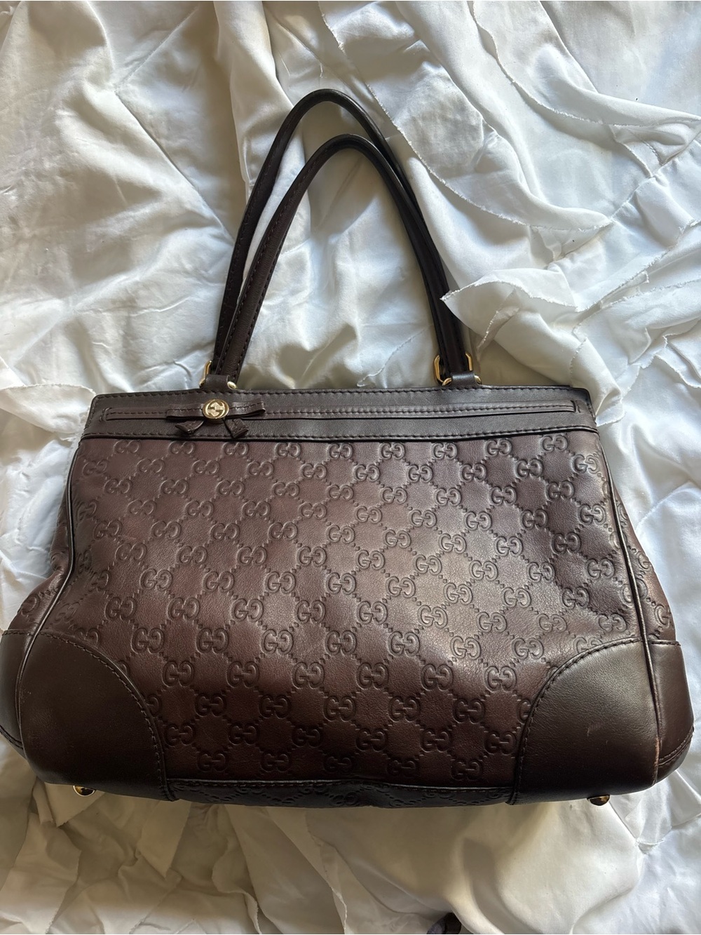 Gucci Brown GG Monogram Shoulder Bag with Gold Accents